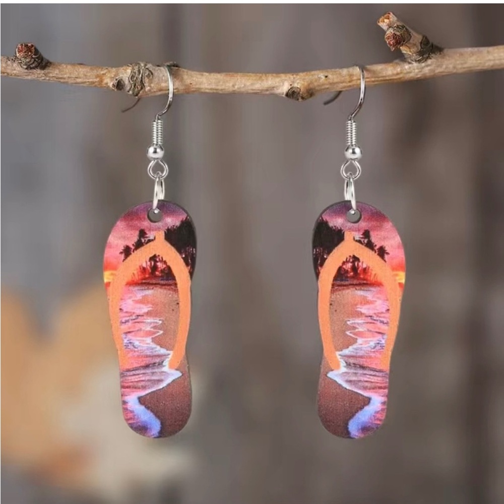 Earrings Summer Sunset Double Sided Wooden Flip Flop Dangle Pierced Beach